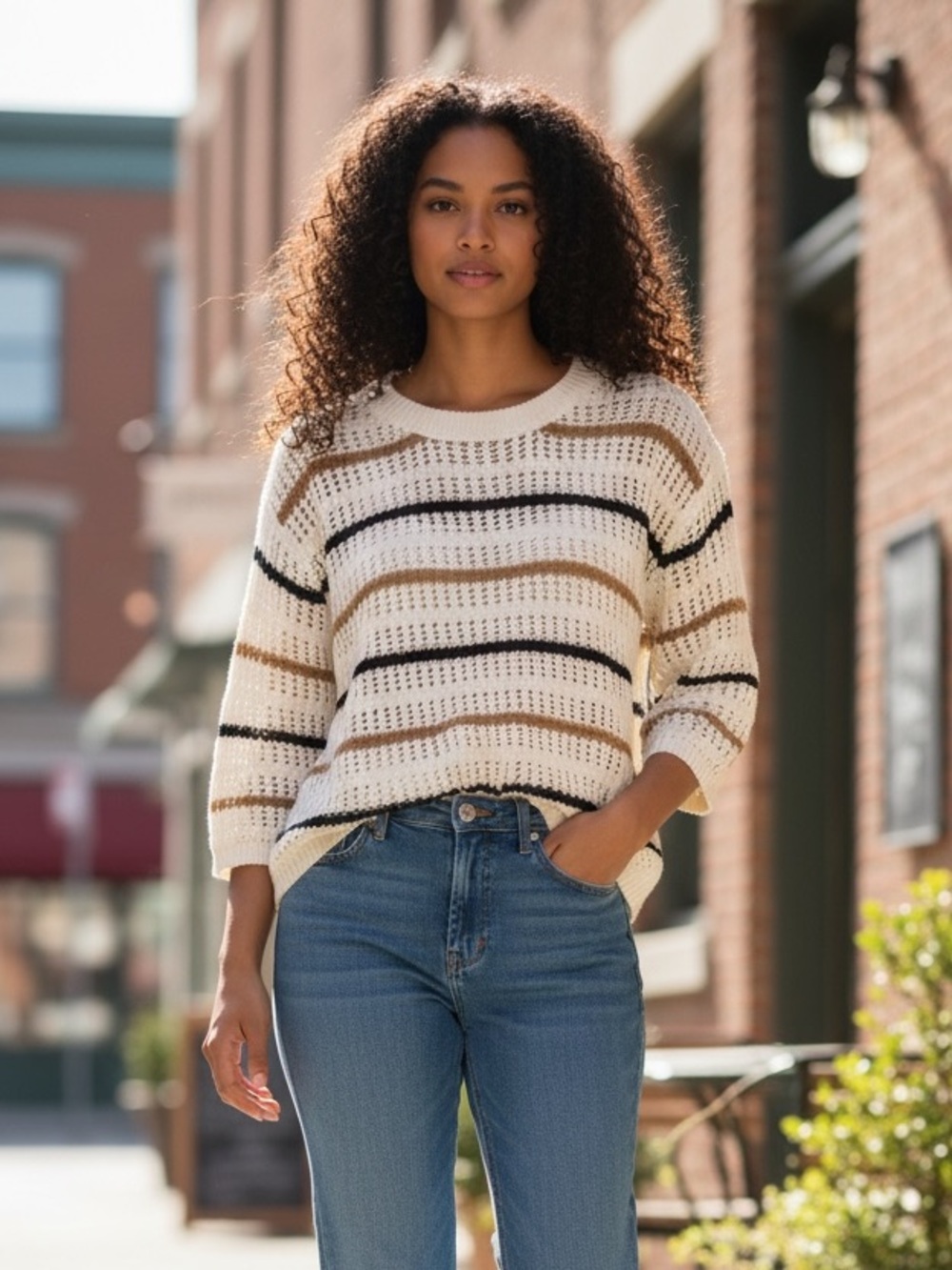 Baltic Born White/Black/Brown Striped Open-Knit Sweater 100% Acrylic Size XL